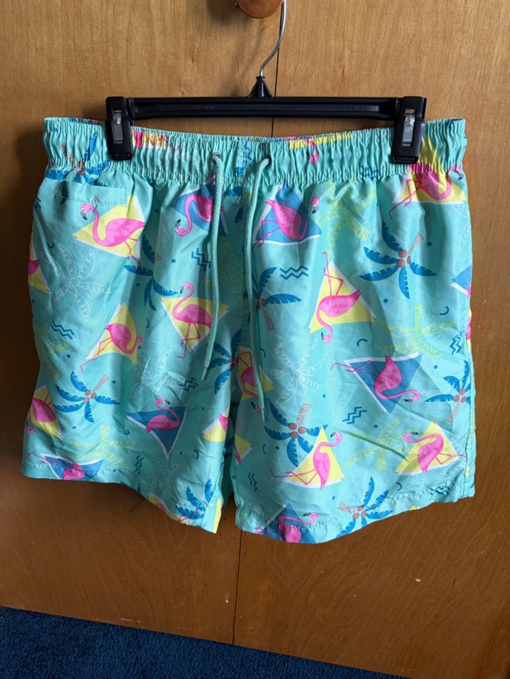 Free Planet Aqua Swim Trunks with Pink Flamingo Accent